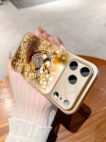 1pc New Luxury Sparkling Crystal Rhinestone Gold Apple Pattern Deluxe Large Window Tempered Glass Camera Lens Protection Phone Case Compatible With IPhone 17/17Pro/17ProMax/17Air/16/16Pro/16ProMax/16Plus/15/15Plus/15Pro/15ProMax/14/14Plus/14Pro/14ProMax/13/13Pro/13ProMax/12/12Pro/12ProMax/11/11ProMax, Matte Anti-Fall, Full Coverage Metal Paint Premium Protection Cover - Multicolor - View 4