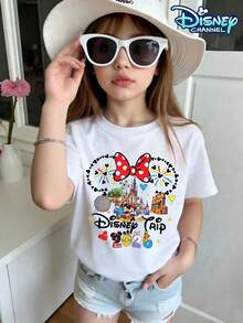 2026 Disney Travel Commemorative T-Shirt, Butterfly Shaped Mickey Mouse Head Silhouette Wrapped Around Park Landmarks And Characters, 2026 Digital Integrated Into Character Images Print Pattern Summer Tops,Short-Sleeved Casual And Cute Style  Children's Clothing Design, Girl Clothes For Kids ,Ropa Para Niños,Girl Clothes For Kids,Graphic Tee, Summer Clothes,Perfect For Cool Girls. Comfortable And Breathable Children's Short-Sleeved T-Shirt. Comfortable And Casual Wear All Year Round 180g Pure Cotton Children's Clothes,Comfortable & Lightweight, Iconic Print For Mix-And-Match Outfits,Suitable For Both Boys And Girls. - White - View 2