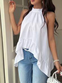 EARO 女士时尚白色露背荷叶边吊带背心，宽松褶皱夏季吊带背心，优雅百搭 - 白色 - 查看 6