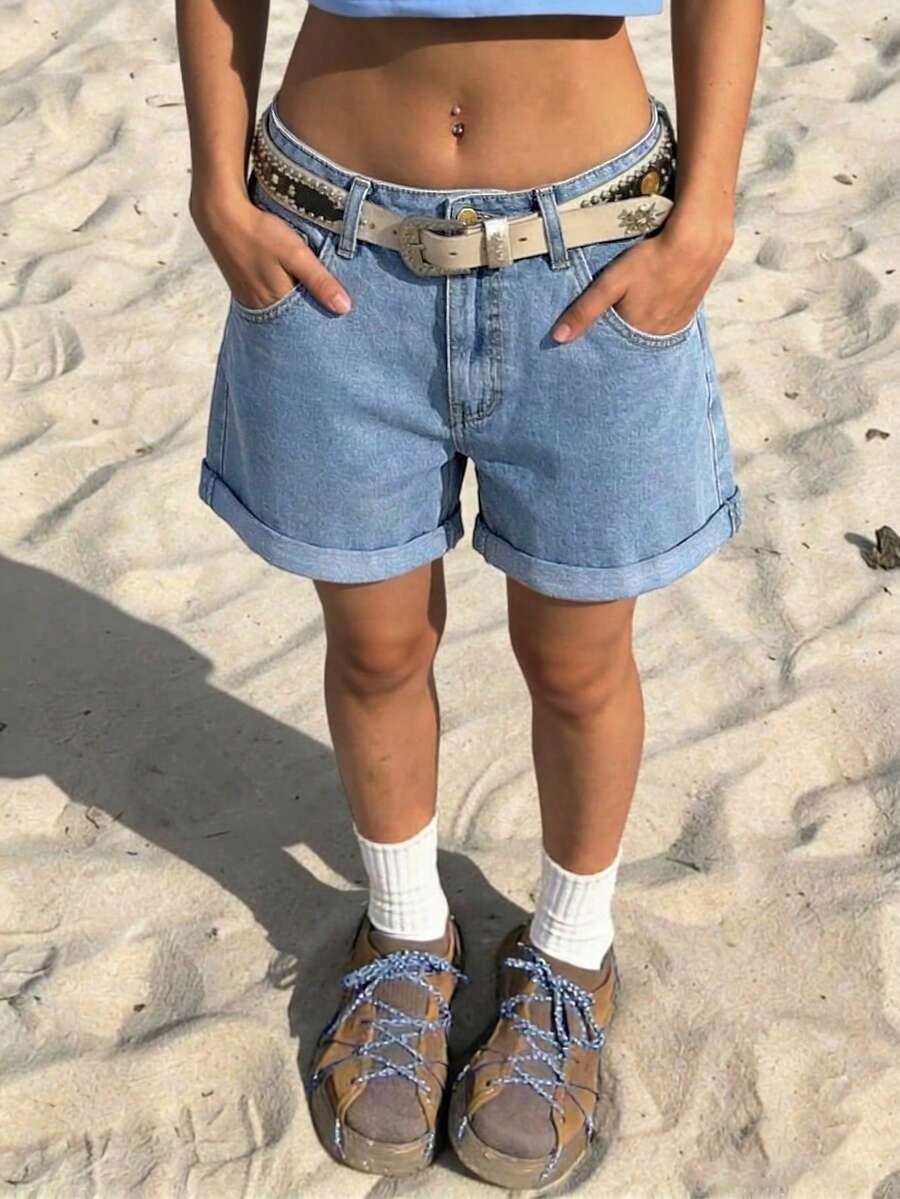 斜口袋休闲卷边休闲牛仔短裤 - 淺色水洗藍 - 查看 1