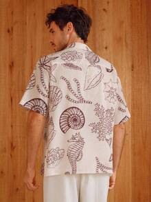 Ocean Life Pattern Featuring Seashells Coral Starfish And Seahorses Symbolizing Calm Coastal Energy 3D Print Men Short Sleeve Button Up Shirt Casual Beach Wear - 白色 - 查看 3