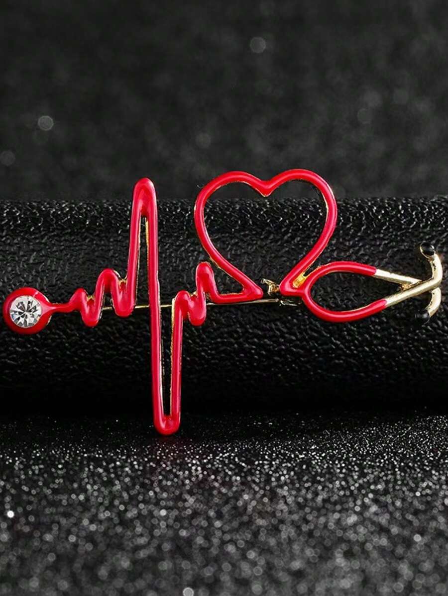 1pc ECG Stethoscope Brooch, Women's Safety Pin Brooch Suitable For Daily, Vacation, Travel - Red - View 1