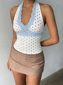 Camiseta de tirantes corta de mujer, top corto de verano con estampado de lunares y encaje, con lazo delantero, adecuado para uso diario, fiestas y citas informales, color blanco - Blanco - Ver 3