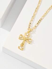 1pc Classic European & American Style Copper Inlaid Zirconia Small Hollow Cross Jesus Pendant Necklace, Limited Edition, Suitable For Christmas/Thanksgiving/Halloween/Mother's Day/Valentine's Day Gifts, Catholic First Communion, Daily & Holiday Wear, Prayer - Yellow Gold - View 2