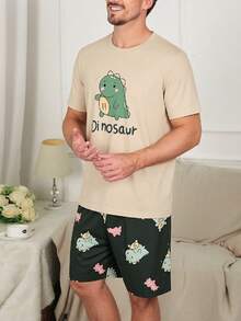 Men's Cartoon Dinosaur Print Short Sleeve Shorts Pajama Set, Summer - Multicolor - View 2