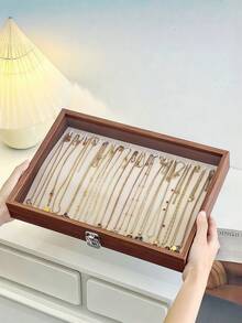 1件 7.9英吋木製珠寶盒，附玻璃蓋與鈕扣，10個掛鉤項鍊收納盒，桌面收納器，適合女性與妻子的禮物，可用於存放項鍊與珠寶，經典設計，精湛工藝，珠寶盒，生日禮物 - 彩色 - 查看 6