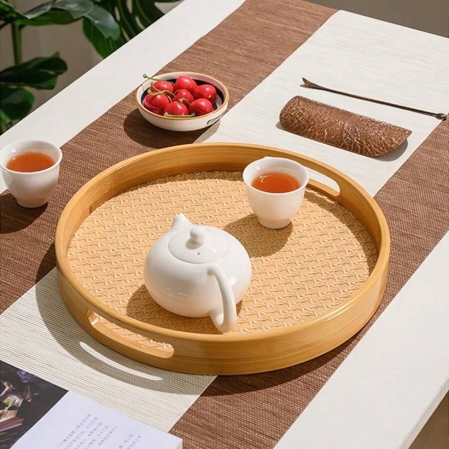 Round Bamboo Tray With Handles | Serving Breakfast, Fruits And Desserts | Elegant Design | Room Decor - 竹子 - 查看 1