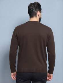 Men's Plain Wool Knit Sweater With Round Neck And Long Sleeves For Winter - Coffee Brown - View 2