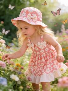 Bộ 2 món váy và mũ dễ thương cho bé gái, kiểu dáng thoải mái, giản dị, thắt nơ, dây đeo vai, họa tiết hoa, viền bèo nhún, thích hợp cho mùa hè mặc hàng ngày, hoạt động ngoài trời, cắm trại, kỳ nghỉ, tiệc trà, họp mặt, dự tiệc. - Màu Hồng  San hô - Xem 2
