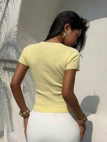 SOOKAUG 夏季休闲百搭圆领短袖T恤，女士纯色修身街头风上衣 - 淡黃色 - 查看 4