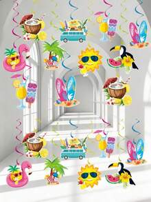 16pcs/1set Hawaiian Luau Birthday Party Hanging Swirl Decor,Summer Beach Party Hanging Decor,Hawaiian Party Decor,Tropical Palm Flamingo Hanging Swirls Streamers Beach Theme Decorations For Summer Birthday Wedding Hawaii Theme Party Supply. - A - View 4