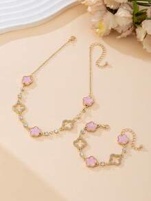 一套浪漫、精致、奢华、优雅、甜美、幸运谷四叶草和五叶草吊坠项链和手链首饰套装（女士款） - 彩色 - 查看 4