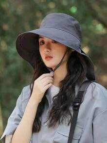 Women's Summer Sun Hat, Outdoor Cycling Neck Protector, Wide Brim, Breathable, Foldable, Hiking Bucket Hat, Fashionable, Versatile, Solid Color, Casual, Polyester Fiber (Polyester) Solid Color Windproof And UV Protection Hat For Spring And Summer., Beach, Vacation - Hat - View 2