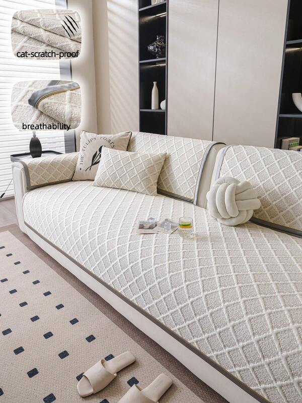 1pc Solid Color Plaid Pattern Chic Sofa Cover, Modern Minimalist Sofa Slipcover, Stain-Resistant, Anti-Slip, Dust-Proof, Protects Sofa, Machine Washable, Non-Deforming, Fade-Resistant, Durable, Pet-Friendly, Sofa Makeover, Sofa Decor, Enhances Ambiance, Fits 1-4 Seater, L-Shaped Sofa