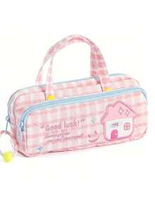 Bolsa de papelería portátil con doble capa y gran capacidad, estilo lindo a cuadros para almacenamiento de útiles escolares/de oficina - bordado a cuadros - Ver 7