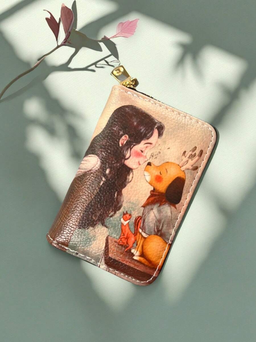 蓝色卡通可爱女孩卡包，治愈系卡通设计多功能卡槽收纳包，防水材质学生证公交卡名片夹，时尚ins风大容量防盗创意收纳包