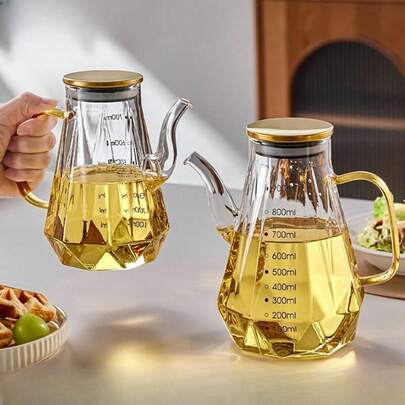 1Pc Glass Oil Dispenser Bottle With Lid & Handle- 700ml/900ml Wide Mouth Borosilicate Glass Cooking Oil Bottlesfor Olive Oil, Vinegar, Condiments, Kitchen Essentials, Perfect For Cooking, BBQ Picnic Seasoning Container