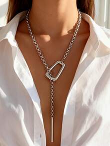 长款银色大吊坠，女士夸张粗银Y形项链，独特粗铜链可调节围巾式项链，优雅锁骨项链 - 銀色 - 查看 1