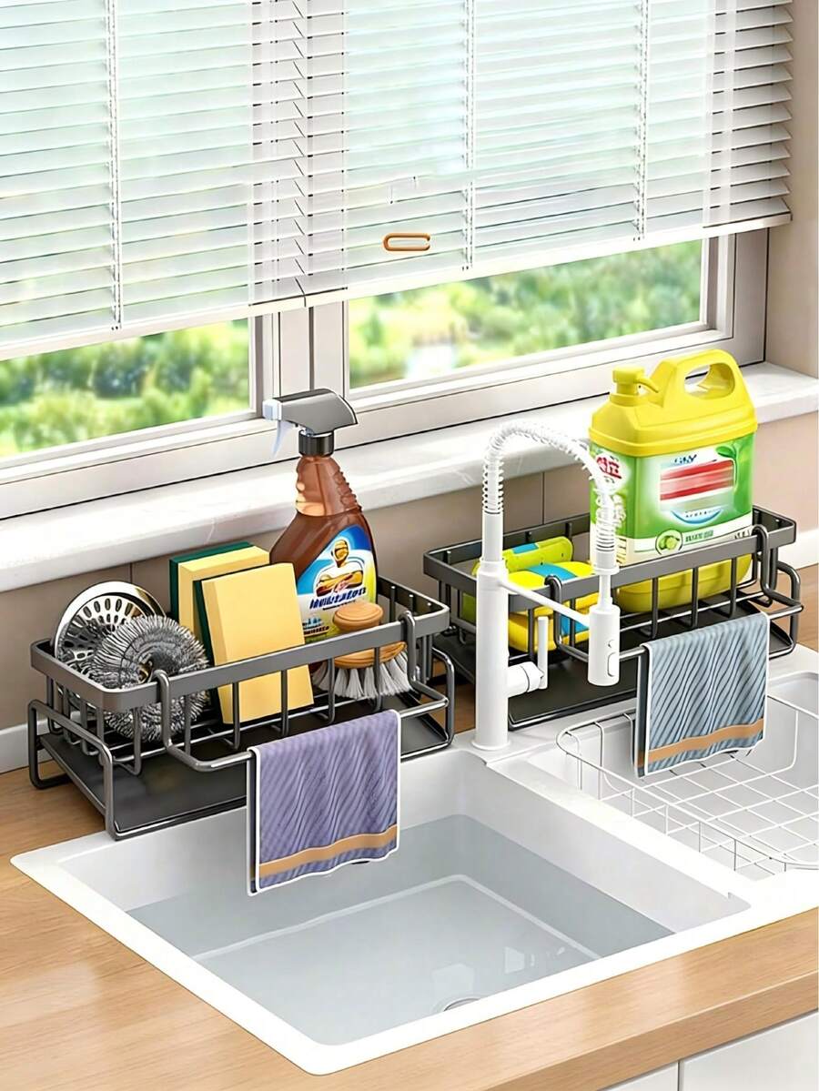 Multifunctional Sink Drain Rack, Dishwasher Sponge Holder, Kitchen Utensil Drainer, Spherical Metal Sink Dishwasher Storage Rack, Upgraded Carbon Steel Material. Kitchen Organizer Rack, Sink Towel And Mat Made Of Carbon Steel, Spherical Metal Sink Rack. - Multicolor - View 1