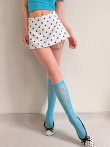 1 đôi tất ren hoa xếp nếp, tất lưới khoét lỗ dài đến bắp chân, tất kiểu ballerina dành cho nữ - Màu xanh bạc hà - Xem 3