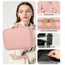 Bolsa de Maquillaje Portátil de Viaje con Espejo LED Regulable, 3 Ajustes de Color Recargables, Caja Organizadora de Cosméticos y Herramientas de Belleza para Mujeres - Rosa - Ver 4