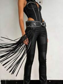 Y2K Chic Baddie Faux Leather Fringe Punk Rivet Decor Metal Zinc Alloy Heavy-Duty Buckle Fashion Rivet Belt, Versatile Streetwear OOTD - Coffee - View 3