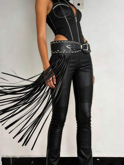 Y2K 时尚坏女孩仿皮流苏朋克铆钉装饰金属锌合金重型扣时尚铆钉腰带，百搭街头风 OOTD