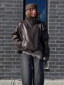 Áo khoác giả da thời trang nữ, tay dài có túi và khóa kéo, phong cách retro đường phố mới, thích hợp cho kỳ nghỉ. - màu nâu - Xem 9