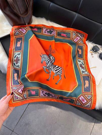 1 pieza Pañuelo elegante de seda sintética de 70 cm con estampado de cebra, versátil como bufanda/diadema/cinturón/decoración, accesorio de moda para uso diario