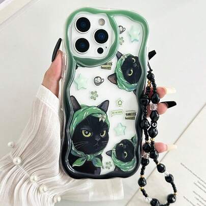奶油色波浪边亮面猫咪彩绘防摔手机壳，配串珠手链配件，兼容 17 Pro/17 Air/17/17 Pro Max/16/11/16 Pro/16 Plus/16 Pro Max/16 e/15 Pro Max/13/14/12/XS/XR/7G/8P，Galaxy A17/A07/S26/S26 Plus/S26 Ultra/S25/S25 Plus/S25 Ultra/A16/A36，11/12 Pro/12/12 X/13 Pro/14 Pro/15 Pro，10/9/Note9/12c/Note11 Pro/Note8 Pro，国际版，非国内版
