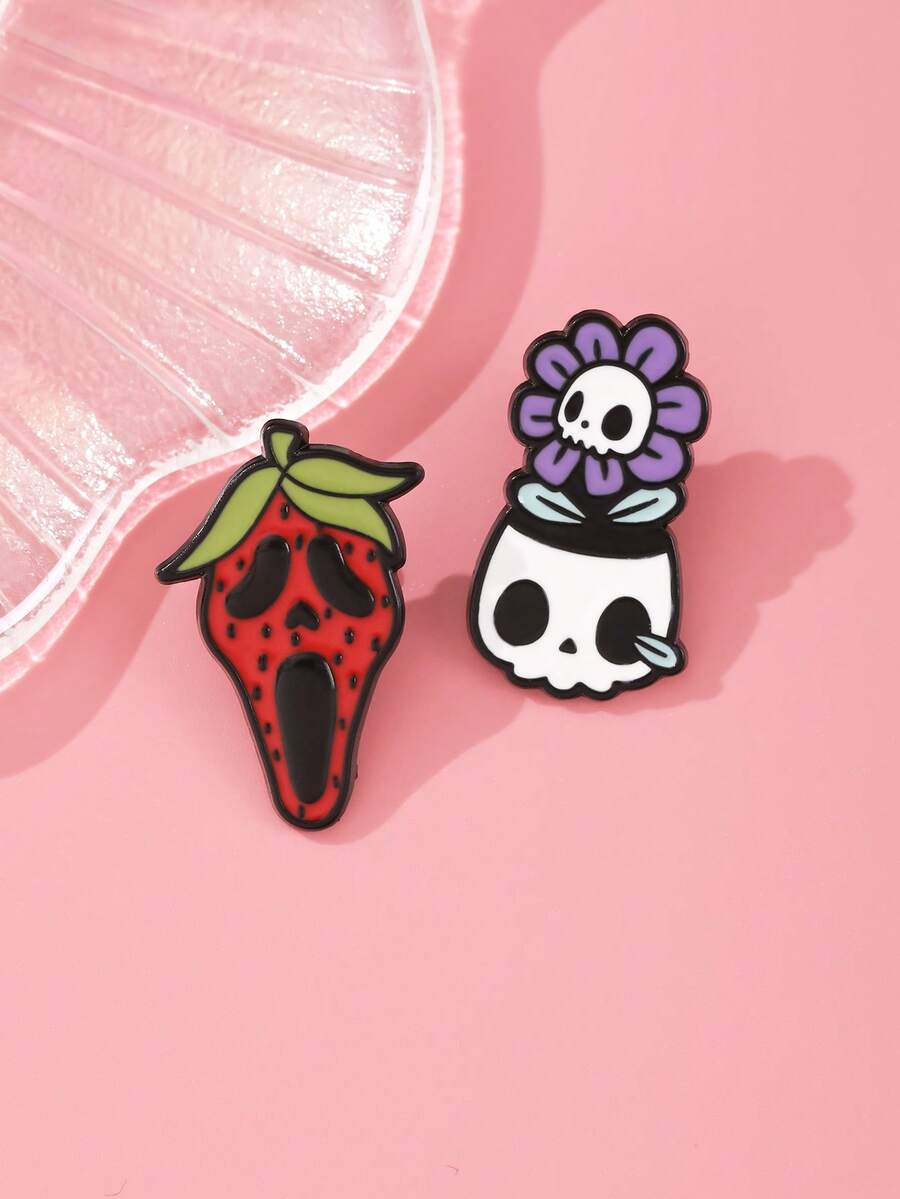 Bộ 2 ghim cài áo phong cách Gothic ngộ nghĩnh - Hình quả dâu tây gào thét và chậu hoa đầu lâu, sự tương phản ngọt ngào và cá tính, ghim cài độc đáo theo phong cách văn hóa phụ, thích hợp làm quà tặng cho bạn bè và người thân. - Nhiều màu - Xem 1