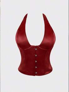 Satin Bustier Crop Top, Front Hook & Rear Tie-Up Backless Design, With Underwire For Waist Shaping, Suitable For Women To Wear At Music Festivals Summer - 紅色 - 查看 6