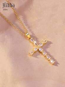 Hihho 1件简约奢华闪亮锆石十字架吊坠项链，优雅中性珠宝，寓意深刻，适合作为送给女友、闺蜜或节日礼物 - 金黃色 - 查看 3