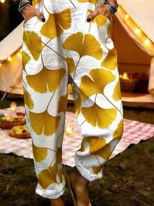 Ginkgo Leaf All-Over Print Women's Adjustable Strap Jumpsuit, Polyester Fiber Fabric, Lightweight And Breathable, Women's Clothing, Standard Size Jumpsuit, Plus Size Women's Clothing, Plus Size Jumpsuit And Romper, Plus Size Jumpsuit - 彩色 - 查看 2