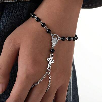 1pc Gothic Style Metal Chain Cross & Acrylic Rosary Knuckle Bracelet, Religious Jewelry Suitable For Daily Wear, Gatherings And Parties