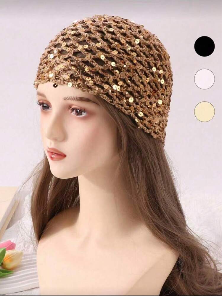 1pc Women's Fashionable Spring/Summer Lightweight Long Beanie Hat With Hollow Sequin Decor, Hand-Knitted, Suitable For Spring, Summer, Autumn Daily Outdoor Wear - Sequins - View 1
