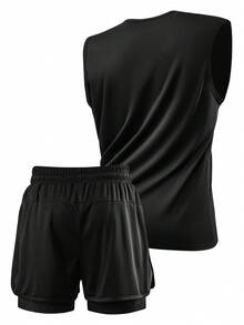 男士运动休闲两件套，包含运动裤和无袖T恤上衣，适合跑步、健身、训练，户外运动背心无袖上衣，黑色 - 黑色 - 查看 6