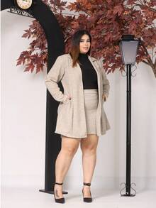 Women's Plus Size Curve Long Ribbed Knit Jacket With Pockets - Elegant Blazer - Autumn Fashion - 淺米色 - 查看 6
