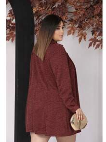 Women's Plus Size Curve Long Ribbed Knit Jacket With Pockets - Elegant Blazer - Autumn Fashion - Rỉ Nâu - Xem 2