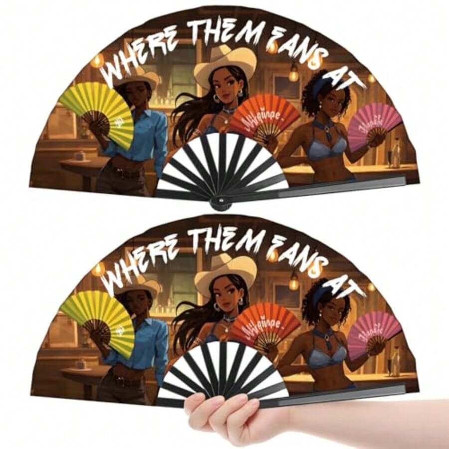 2Pack Where Them Fans At Clack Fan Line Dance Popping Fans Hand Fan Foldable Large Festival Hand Folding Fans 26In - Marrón2 - Ver 1