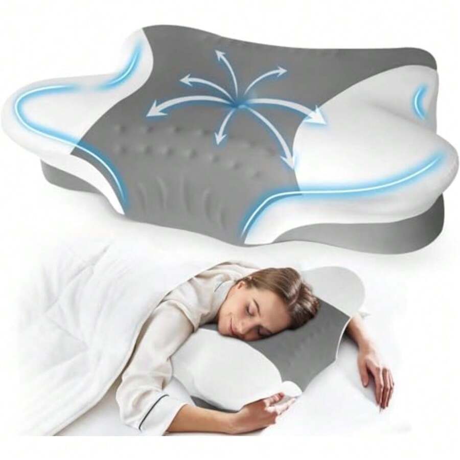 Cervical Neck Pillow for Side Sleeper - Memory Foam Pillows Ergonomic Neck Support for Pain Relief Contour Memory Foam - Adjustable Orthopedic Bed Pillows with Breathable Pillowcase Queen Size - Blanco Gris - Ver 1