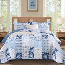 Blue Patchwork Quilt Set King Size Boho Floral Plaid Bedspread Coverlet Set Farmhouse Soft Microfiber Bedding Set Blue Summer Bed Cover with 2 Pillowcases for All Season - Azul - Ver 9