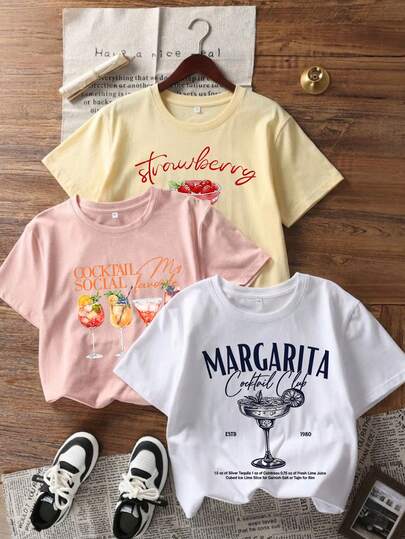3pcs Women Summer Loose Round Neck Short Sleeve T-Shirt Tops, Featuring Cocktail Element Printed Blouse, Suitable For Vacation, Office, Outing, Daily, Date, Party, Gathering, Street, Festival, Music Festival, Valentine's Day, Party Occasions