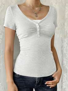 Áo nữ tay ngắn cổ chữ V ôm sát, gợi cảm phong cách Y2K, thích hợp mặc thường ngày. - Hoa trắng xám - Xem 10