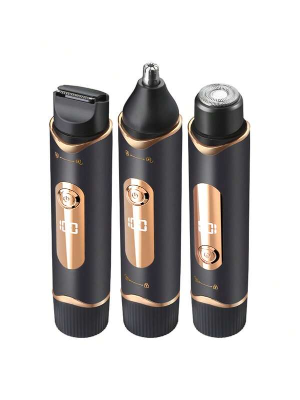 这款三合一电动剃须刀是一款多功能修剪器，适用于修剪阴毛、胸毛、胡须和鼻毛。它配有专门用于修剪鼻毛/耳毛的刀头和一个清洁刷，电池容量为200mAh。