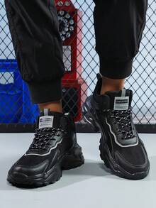 Men's Chunky Black Sneakers Modern Streetwear Design Mesh And Synthetic Leather Casual Shoes For Urban Lifestyle Comfortable All-Day Wear Great Gift Choice - 黑色 - 查看 4