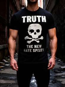 1 Camiseta para Hombre - Diseño simple de letra y calavera, camiseta casual de cuello redondo, adecuada para todas las estaciones y cómoda de usar.Camiseta casual para hombres, lavable a máquina, regalo único para días festivos y fiestas. - Negro - Ver 4
