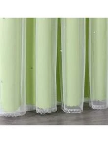 1pc Hollow Star Curtain, Polyester Lace Double-Layer Curtain, Darkening Curtain For Living Room & Bedroom, Cute Style - 淡綠 - 查看 3