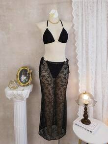 Bộ bikini gợi cảm kèm váy quấn, trang trí ngọc trai, kiểu dáng mới của khu nghỉ dưỡng Maple Leaf Beach Resort, thích hợp cho kỳ nghỉ. - màu đen - Xem 3