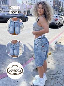 Y2K Style Women's Denim Capri Pants, Summer Jeans, Suitable For Commuting, Dating, And Casual Wear, Cherry Embroidery Distressed Zipper Fly Button Closure - Blue - View 2